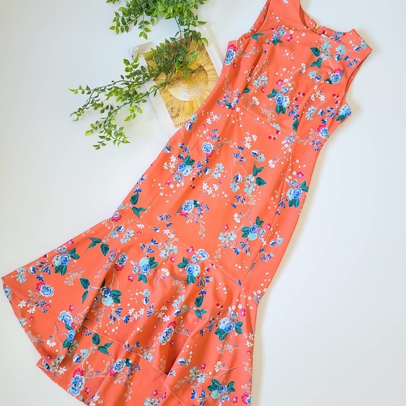 Calvin Klein Floral High Low Flounce Coral Dress 4 - Picture 1 of 10